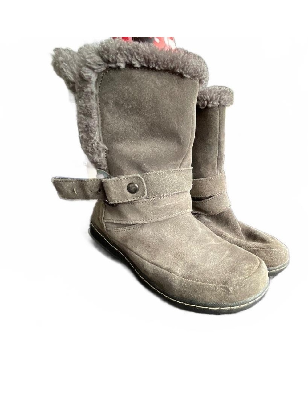 Gray faux fur buckle winter boots